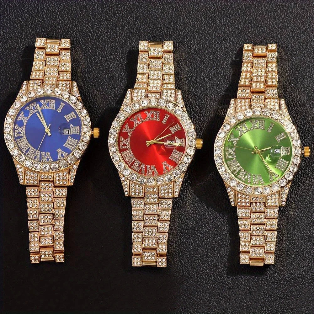 Fashion Rhinestone Wrist Watch & Hip Hop 14MM Prong Cuban Chain & Rapper Cuban Necklaces Set, Punk Party Gift Qme