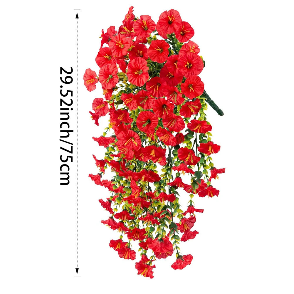1pc 29.52" Artificial Fake Morning Glory Hanging Flowers UV Resistant Realistic Hanging Petunias Plants For Garden Wedding Decor Qme red