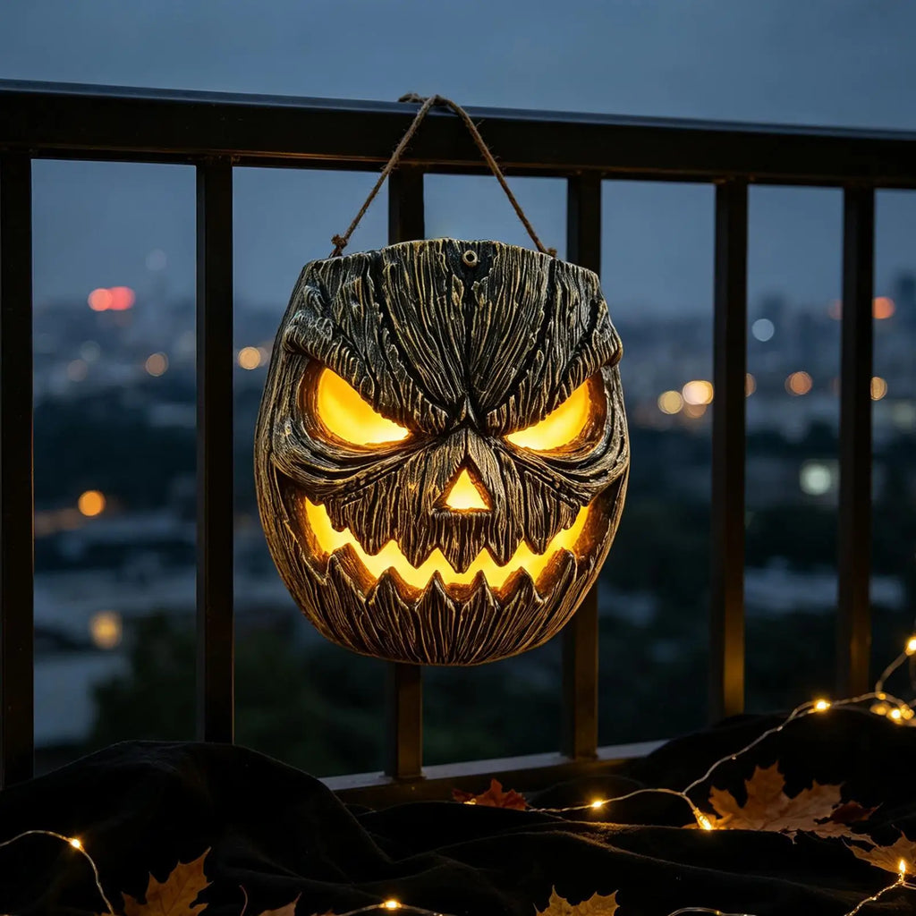 Tree Faces Decor Outdoor Resin Light Up Halloween Pumpkin Face Lantern Wall Mounted Tree Decorations For Garden Yard Backyard Qme