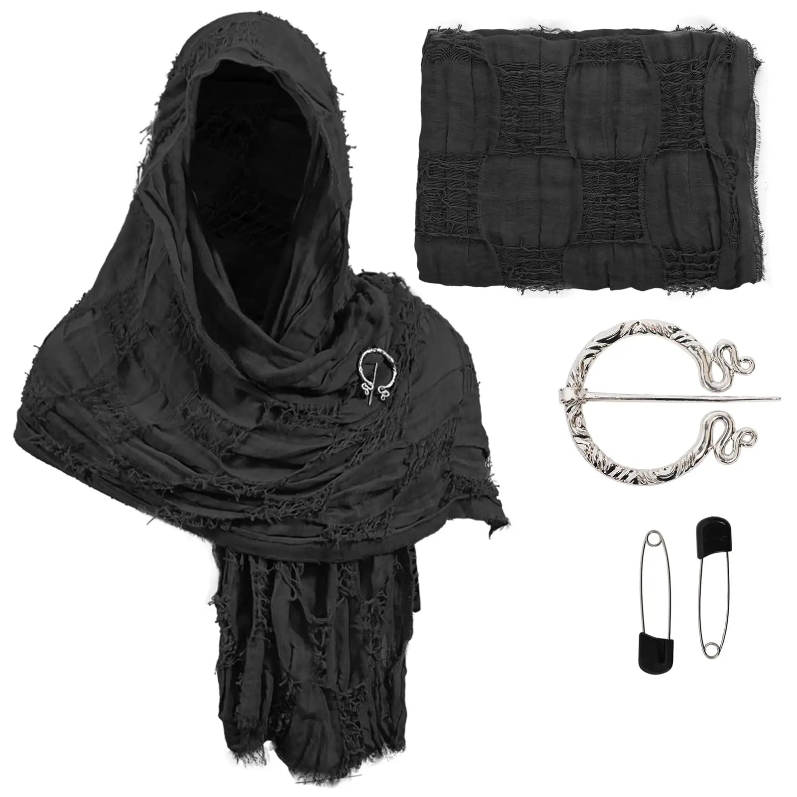 Adult Medieval Hooded Shawl Renaissance Cowl Hood Wasteland Desert Scarf Brooch Paperclip Viking Half Cape Dune Costume Qme black One Size