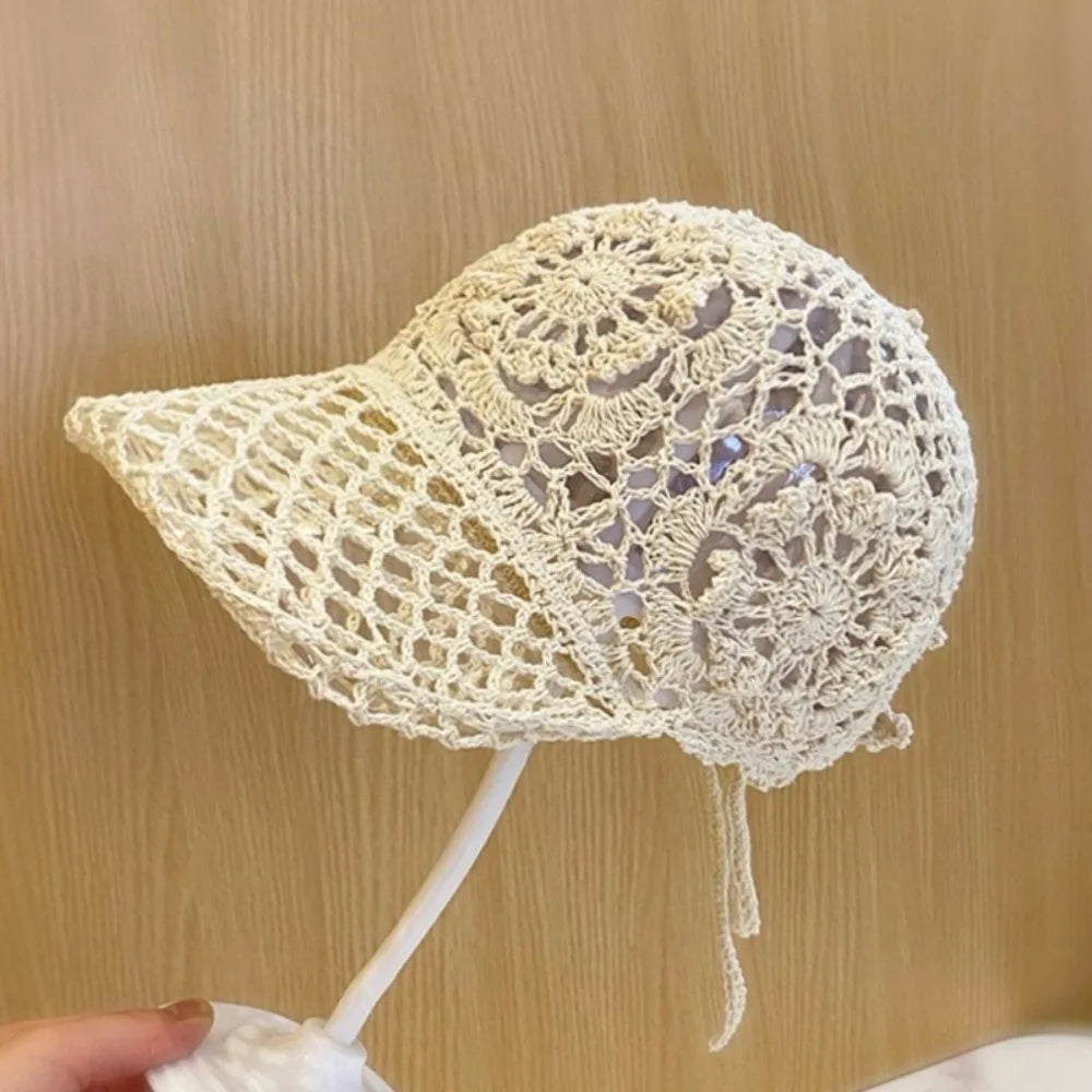 Versatile Adjustable Crochet Baseball Cap Floral Lace Openwork Sun Qme Beige
