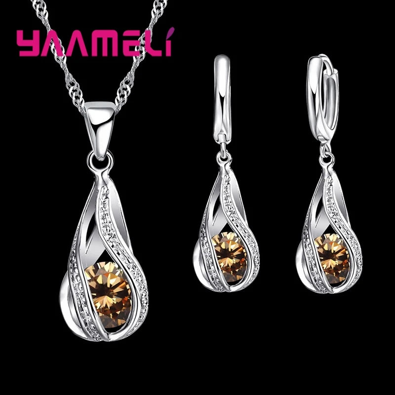 Hot Water Drop CZ 925 Sterling Silver Plated Jewelry Set For Women Pendant Necklace Hoop Earrings Wedding Party Ceremoey Anel Qme Champagne
