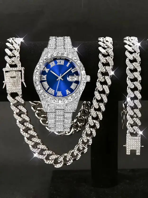 Hip hop Watch Set with Diamond Bracelet Necklace Quartz Hiphop Watch Essay Watch Large Dial Set Qme Bronze