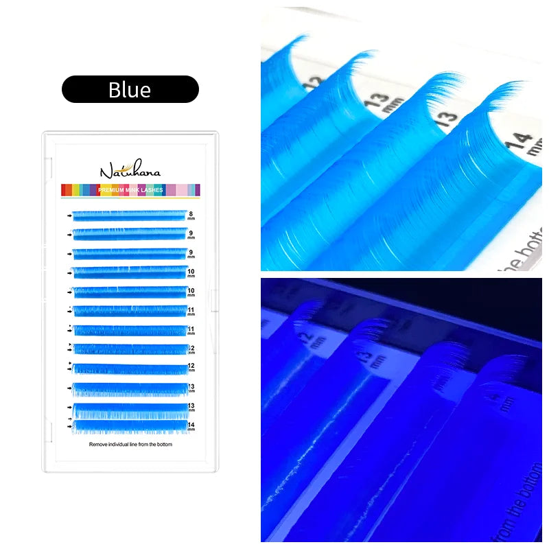 NATUHANA UV Glow Eyelash Extensions Fluorescent Neon Lashes Qme UV Blue LU 0.07mm|8-14 Mixed