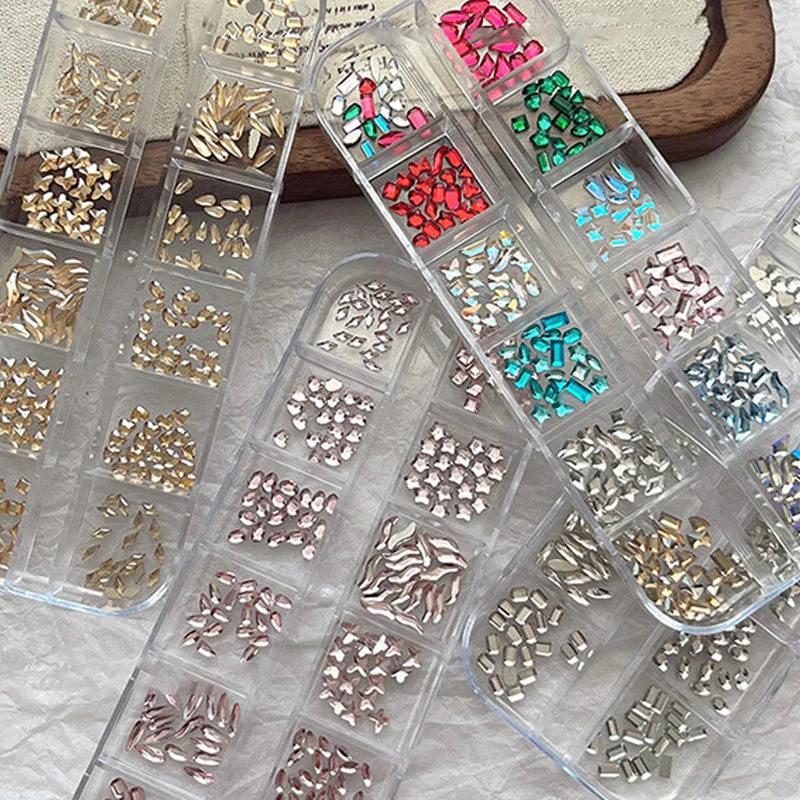 12 Grids Mixed Shape Colorful Rhinestones Nail Art Decoration Multi Size Flat Back Rhinestone Nail Gel Diy Nail Accessories Qme