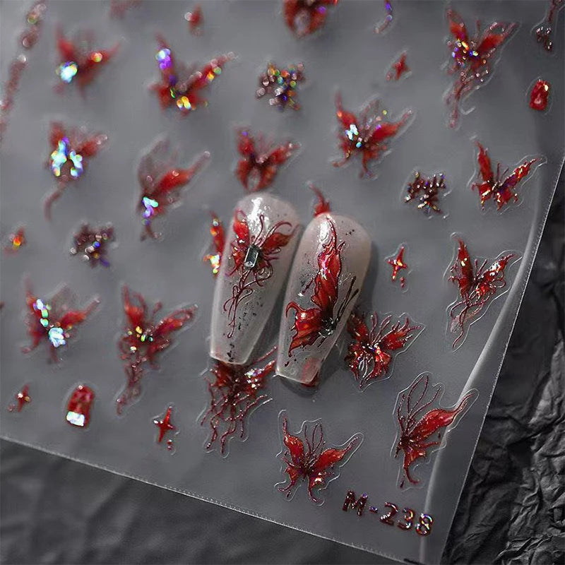 Red Butterfly Nail Stickers Flash Design Decals Self Adhesive Qme