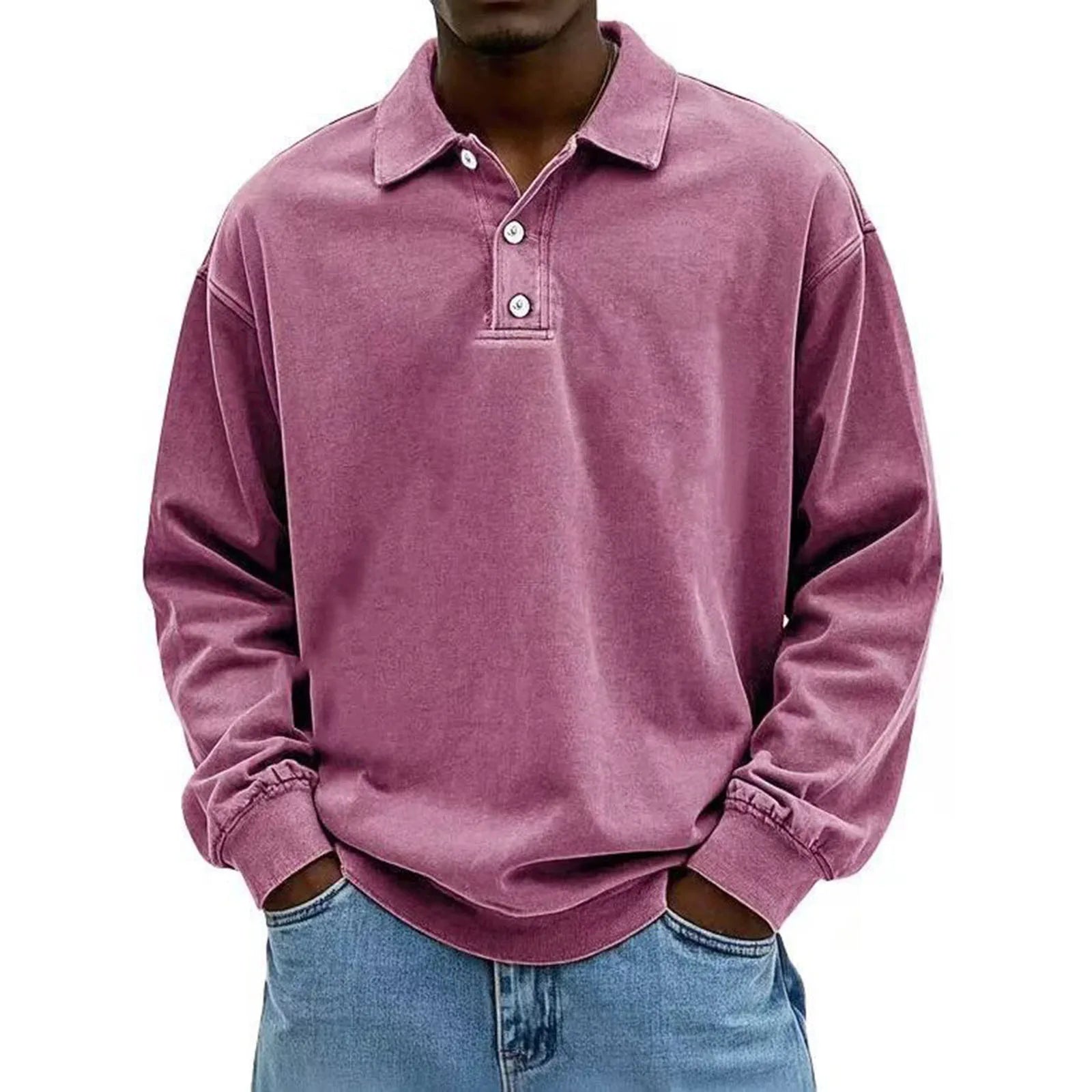 Men's Baggy Korean Style Leisure Daily Versatile Long Sleeves Flip Collar Pullover Shirt Fashion Solid Color Button Hoodies Qme Pink XXXL