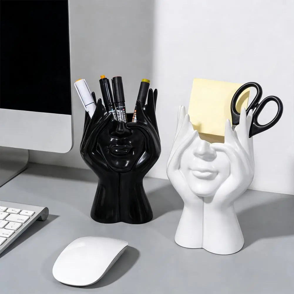 Pen Holder & Desk Decor White Abstract Face Sculpture with Hands, Modern Office Desktop Organizer for Pens, Makeup Brushes Qme