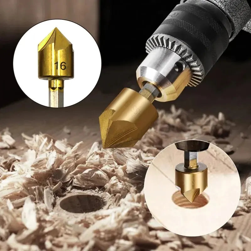 6PC Hexagonal Handle Titanium Plated Five Edge Chamfering Knife Countersunk Drill 6-19mm Woodworking Spot Facer Tool Set Qme