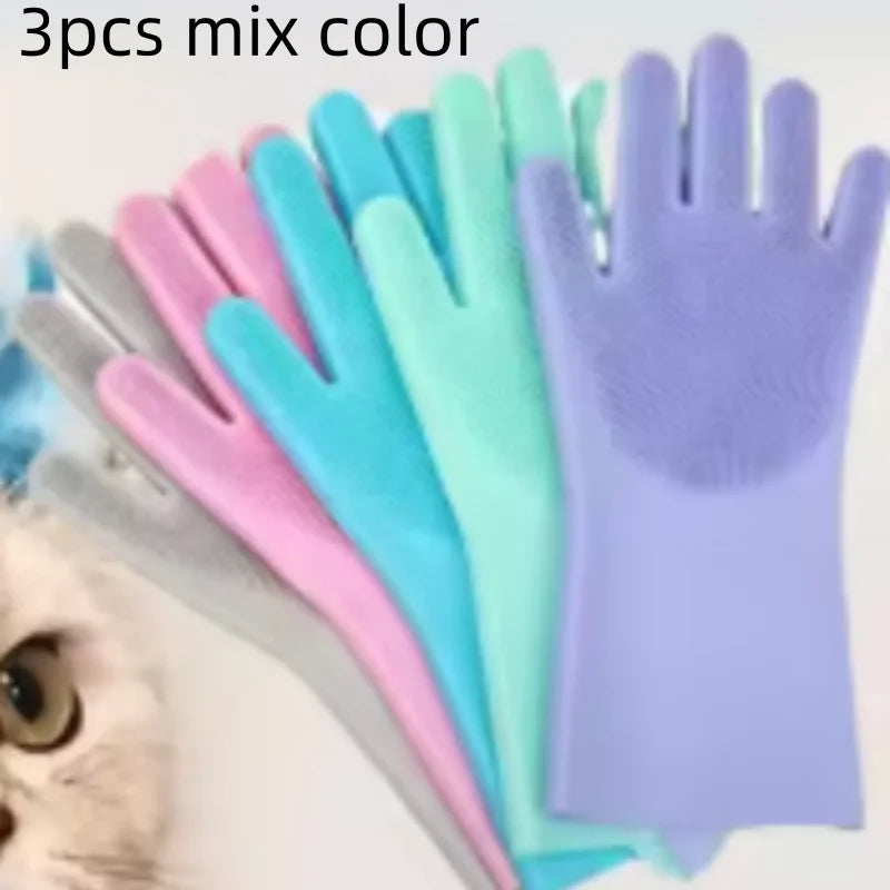1/3/5pcs mix New Pet Dog Cat Bathing Grooming Cleaning Silicon Hair Removal Gloves Magic Dishwashing Cleanner Sponge Qme 3pcs mix color