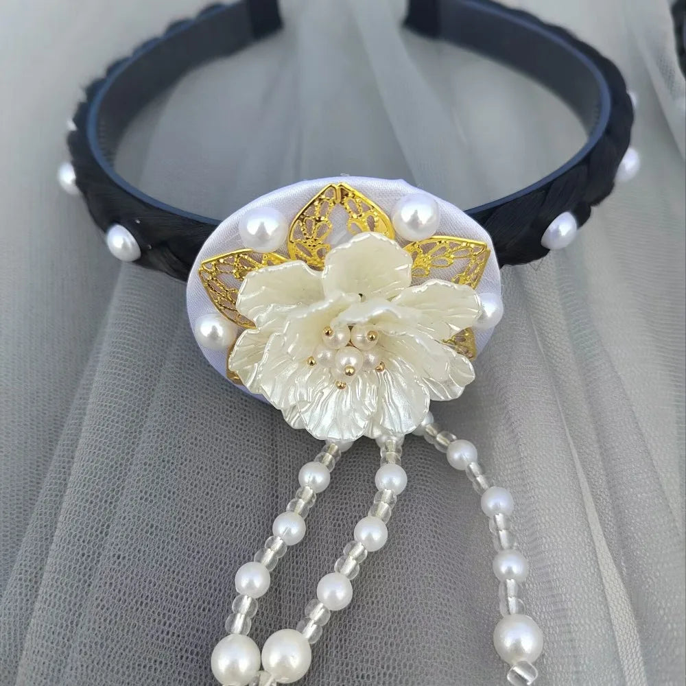 Fashion Flower Korean Headband Tassel Beaded Hanbok Hairband Pearl Qme White