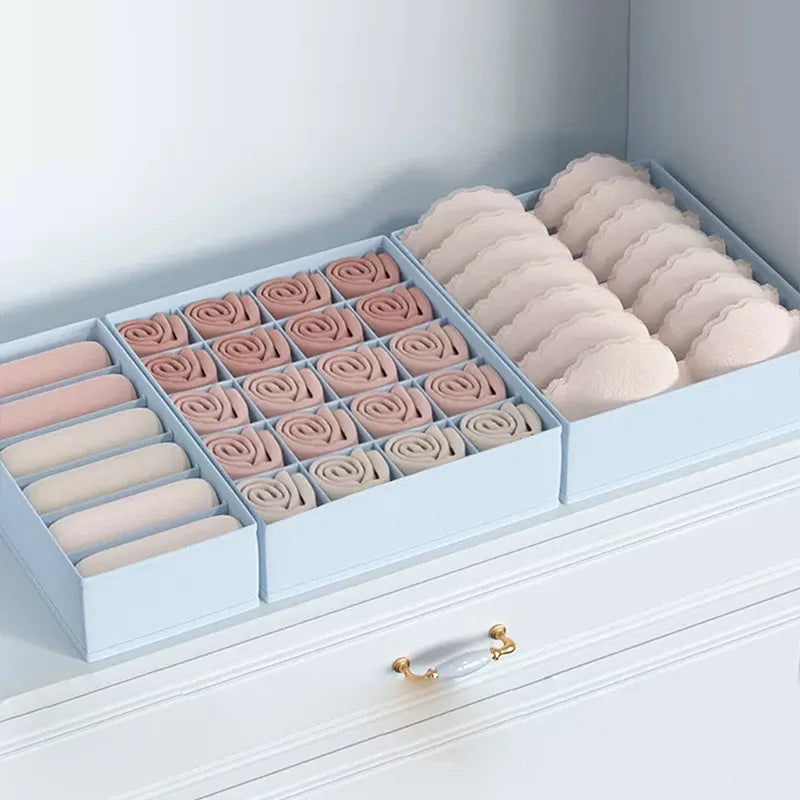 3-Piece Underwear Drawer Organizer Set: Multi-Compartment Storage Box for Bras Panties & Socks | Fits in Dresser Qme Blue 3-Piece Set