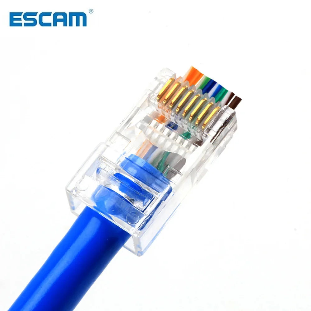 ESCAM 20/50/100pcs RJ45 Connector 6U Gold PlatedPass Through Ethernet Cables Module Plug Network RJ-45 Crystal Heads Cat5 Cat5e Qme