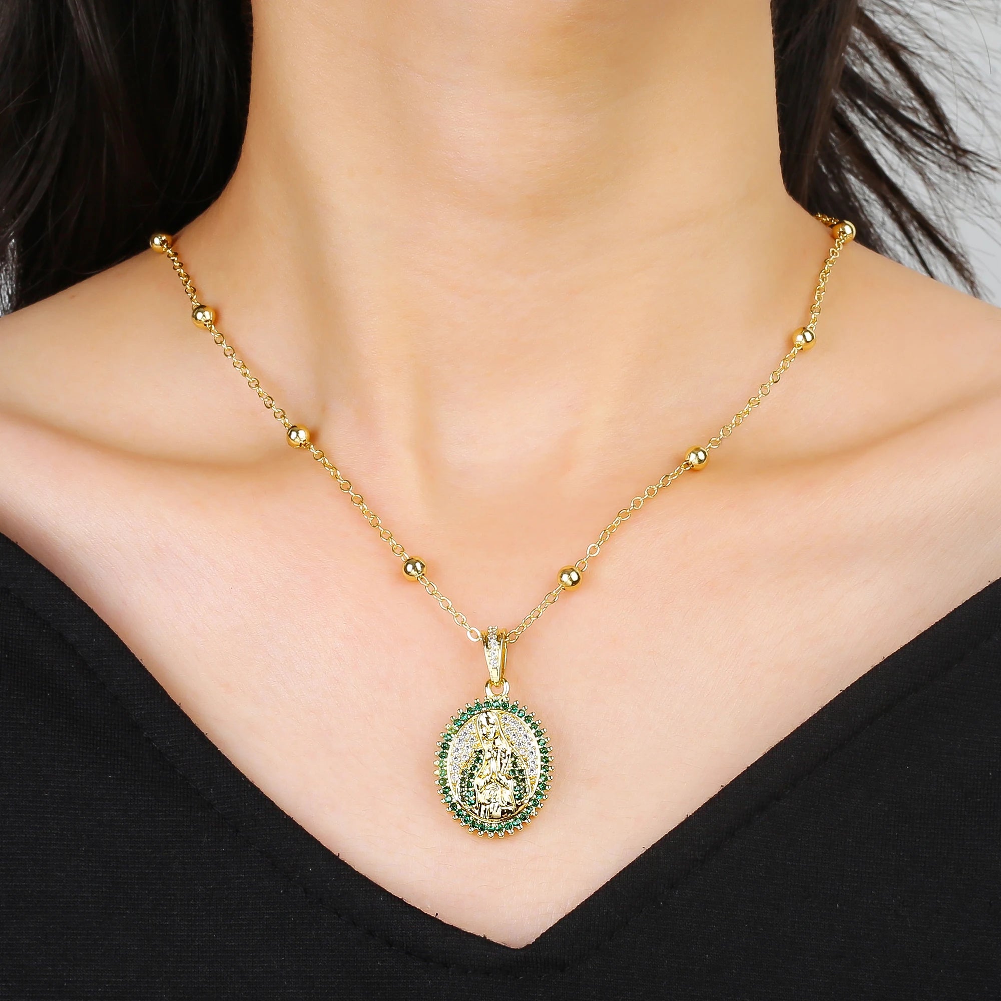 Multicolor Zirconia Oval Rectangle Virgen De Guadalupe Pendant Necklace Catholic Amulet Jewelry For Women Daily Baptism Gift Qme