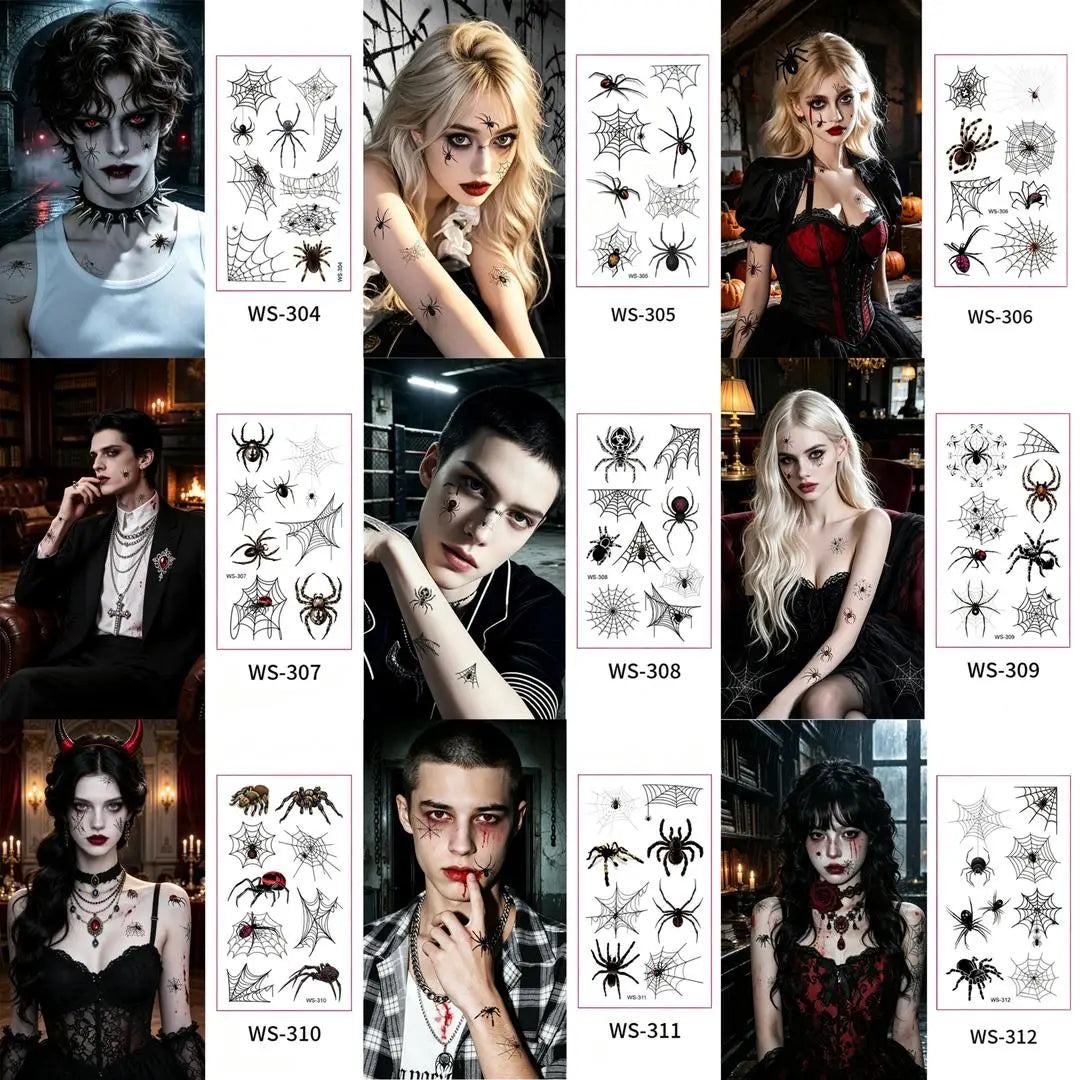 A European New 6/9Pcs Halloween Face Tattoo Stickers, Waterproof Realistic Freckle Spider Decals for Ghost Witch Cosplay Qme 9pcs Spider-WS