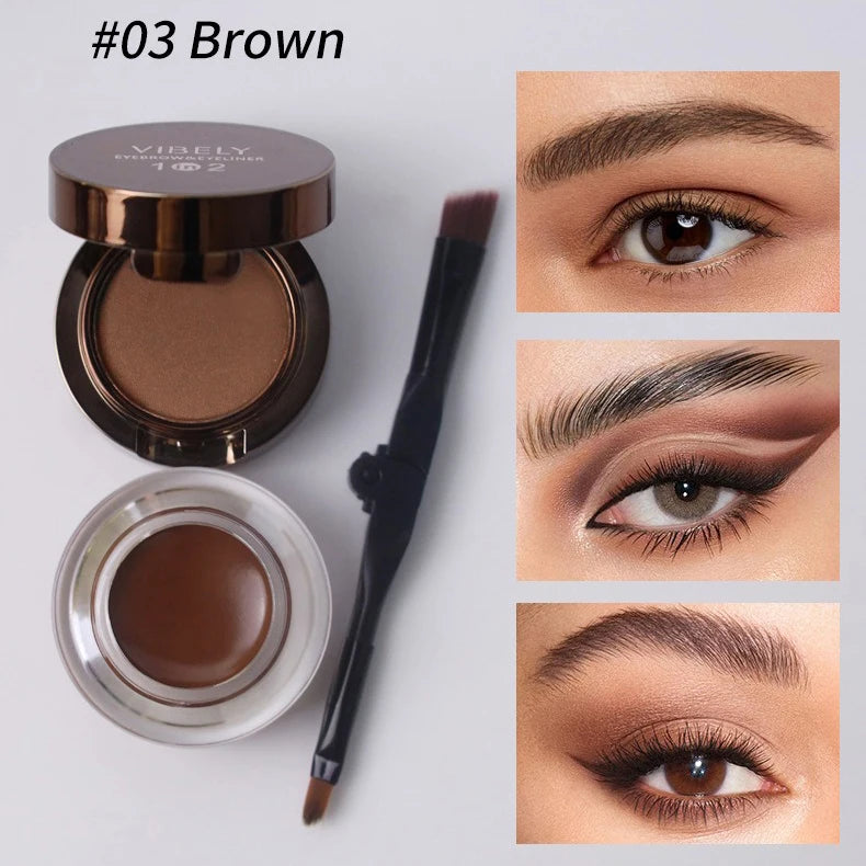 2 in 1 Eyebrow Powder & Eyeliner Gel High Pigment Silky Smooth Waterproof Long Lasting Dual-Ended Brush with Mirror Makeup Qme 03