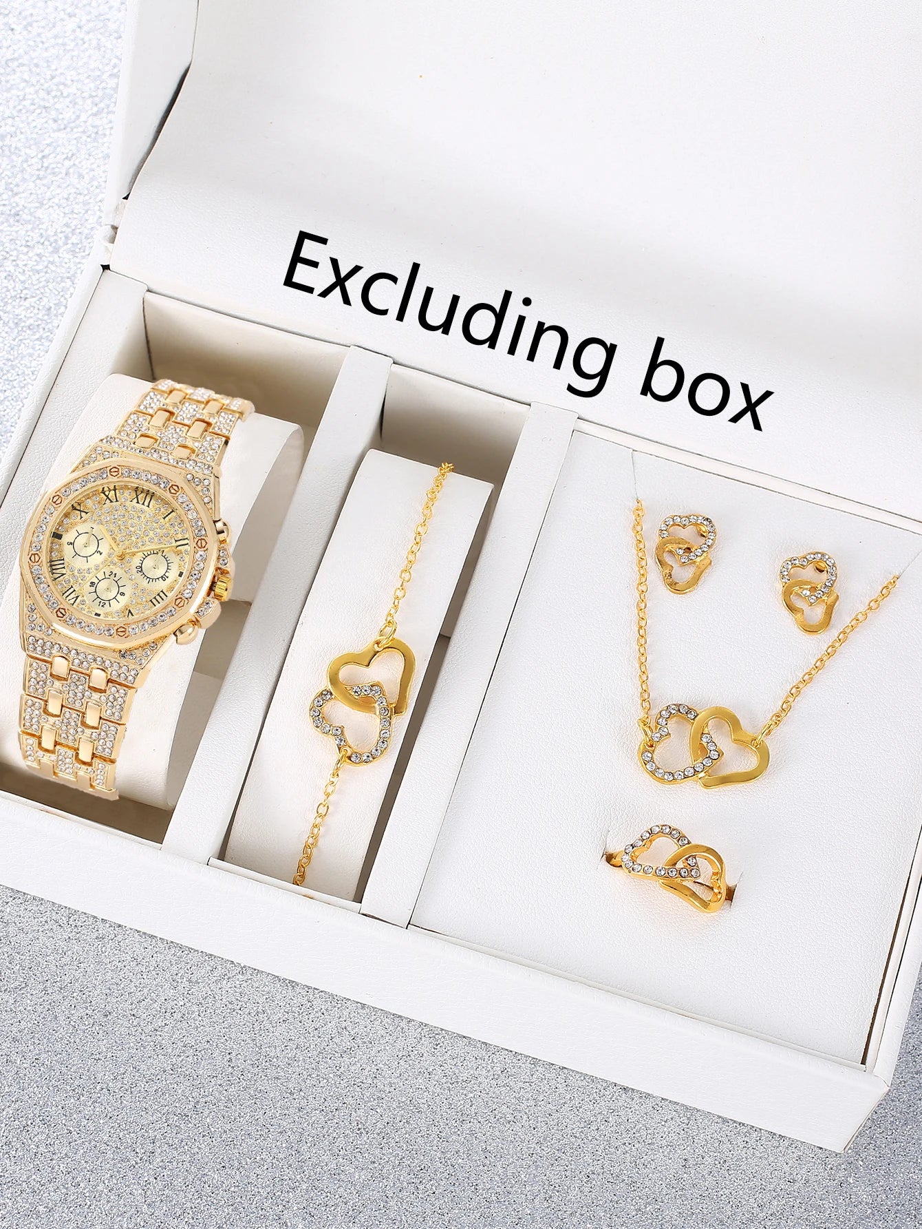 Full Diamond Roman Three Eye Quartz Women's Watch Double Ring Love Set Diamond Necklace Bracelet Earnail Ring Five Pieces Qme gold No