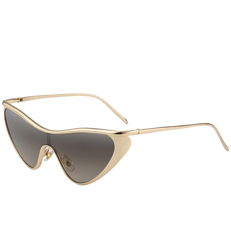 Vintage Cat Eye Sunglasses Women Luxury Brand Y2K Punk One-Piece Sun Glasses Shield Eyewear UV400 Shades Qme Gold Tea Gray