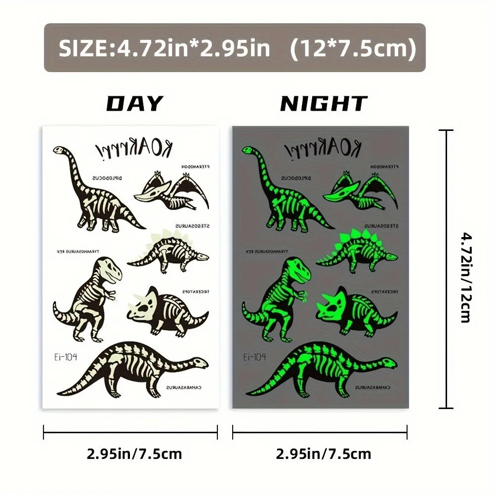 24 Sheets Luminous Dinosaur Temporary Tattoos, Waterproof Glow In The Dark T-Rex Pterosaur Velociraptor Triceratops Stegosaur De Qme