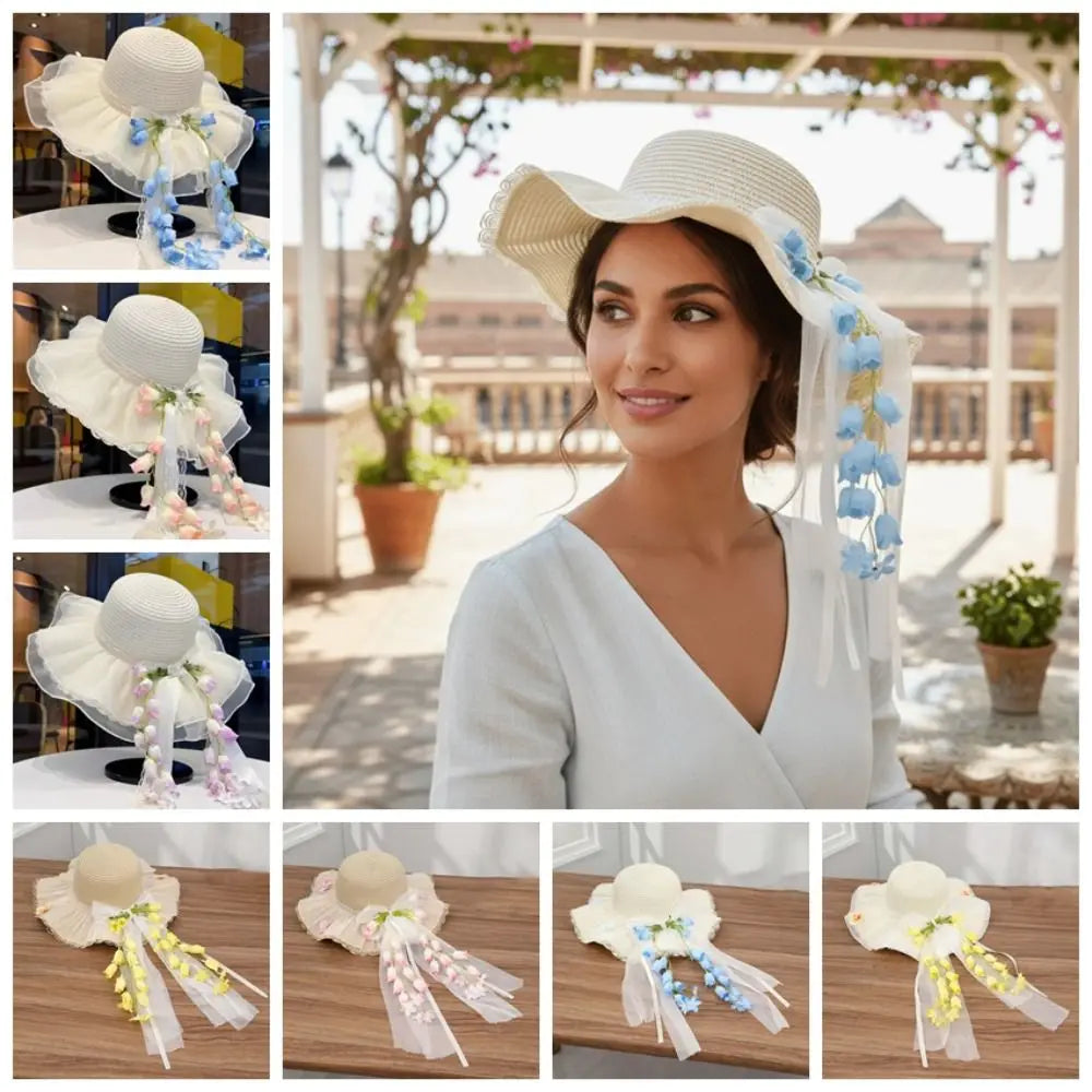 Summer Bonnet Wide Brim Straw Hat Lace Bowknot Floral Tassel Sun Cap Qme