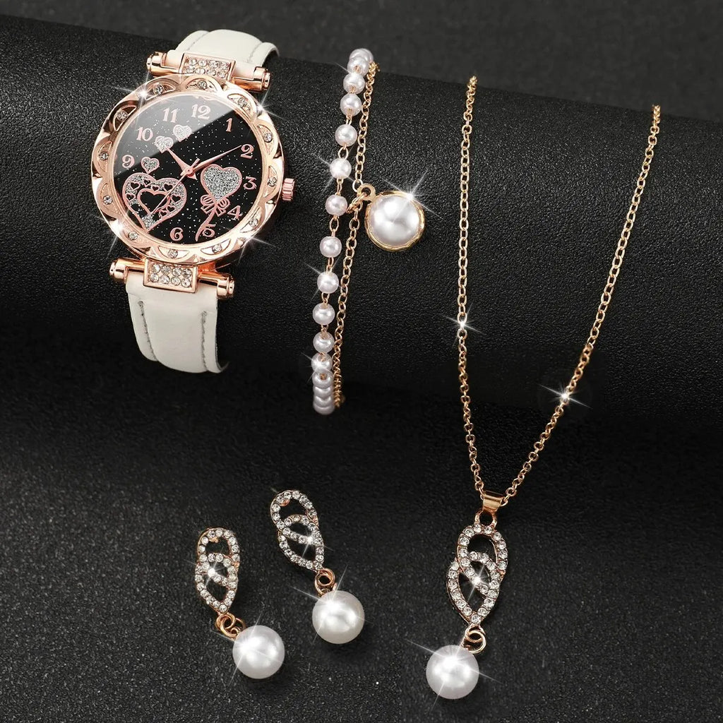 Women 4Pcs Watch Jewelry Set Rhinestone Heart Dial Leather Quartz Watch Pearl Necklace Earrings Bracelet Gift Set Qme