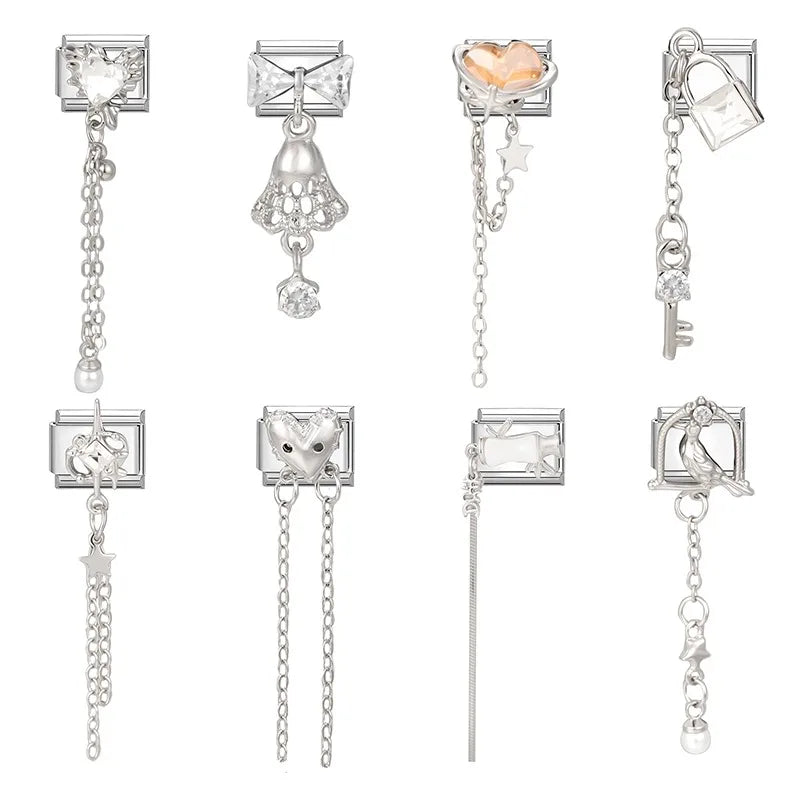 Hot Zircon Love Heart Bird Bowknot Bells Star Pendant Chain Italian Charm Link Fit 9mm Stainless Steel Bracelet Women DIY Making Qme