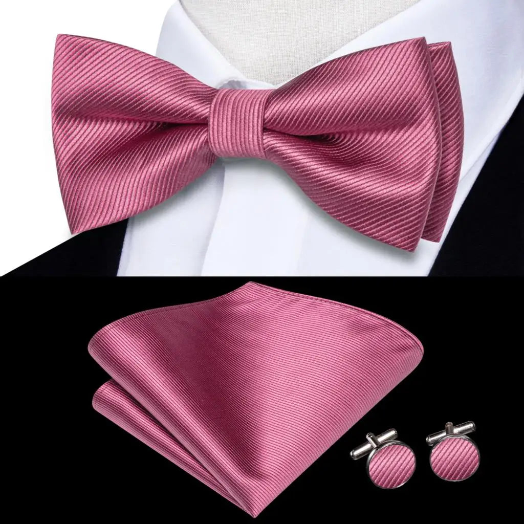 Rose Red Burgundy Maroon Silk Mens Bow Tie Hanky Cufflinks Set Jacquard Pre-tied Butterfly Knot Bowtie for Male Wedding Business Qme LDLH0591