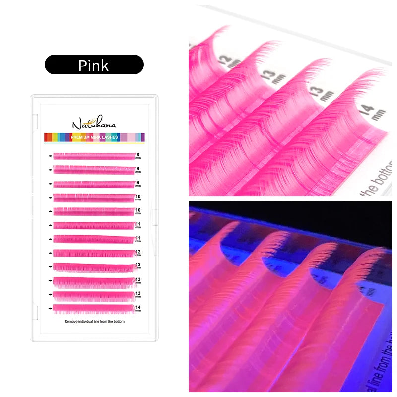 NATUHANA UV Glow Eyelash Extensions Fluorescent Neon Lashes Qme UV Pink LU 0.07mm|8-14 Mixed