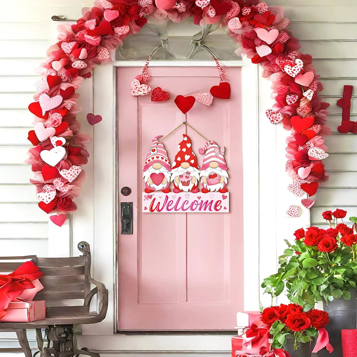 1PC Valentine's Day mini wooden figurine wall hanging, romantic pink heart design, home wall decoration for Valentine's Day Qme