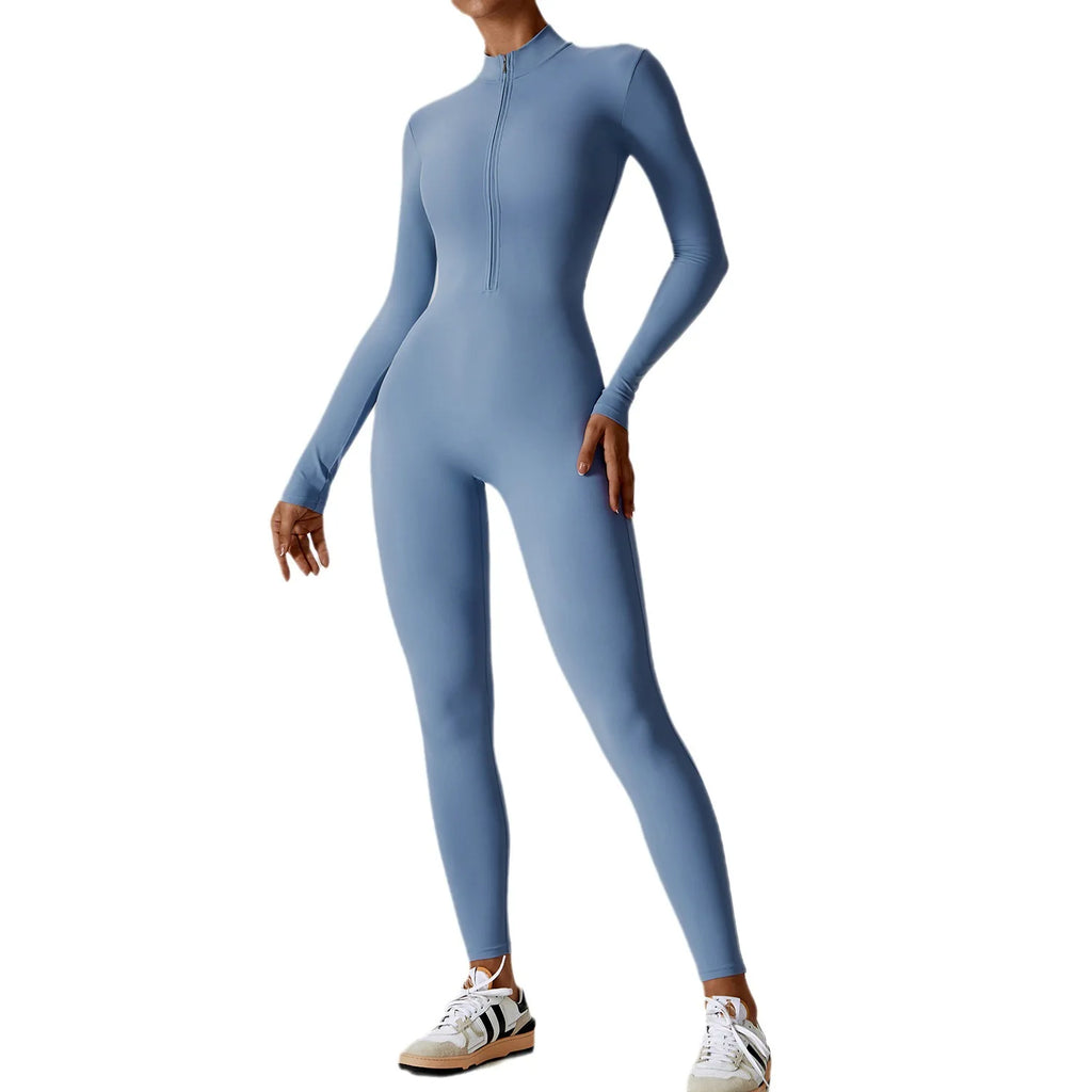 A Naked zipper short sleeved yoga suit jumpsuit, quick drying breathable outdoor sports tight fitting jumpsuit, fitness suit Qme