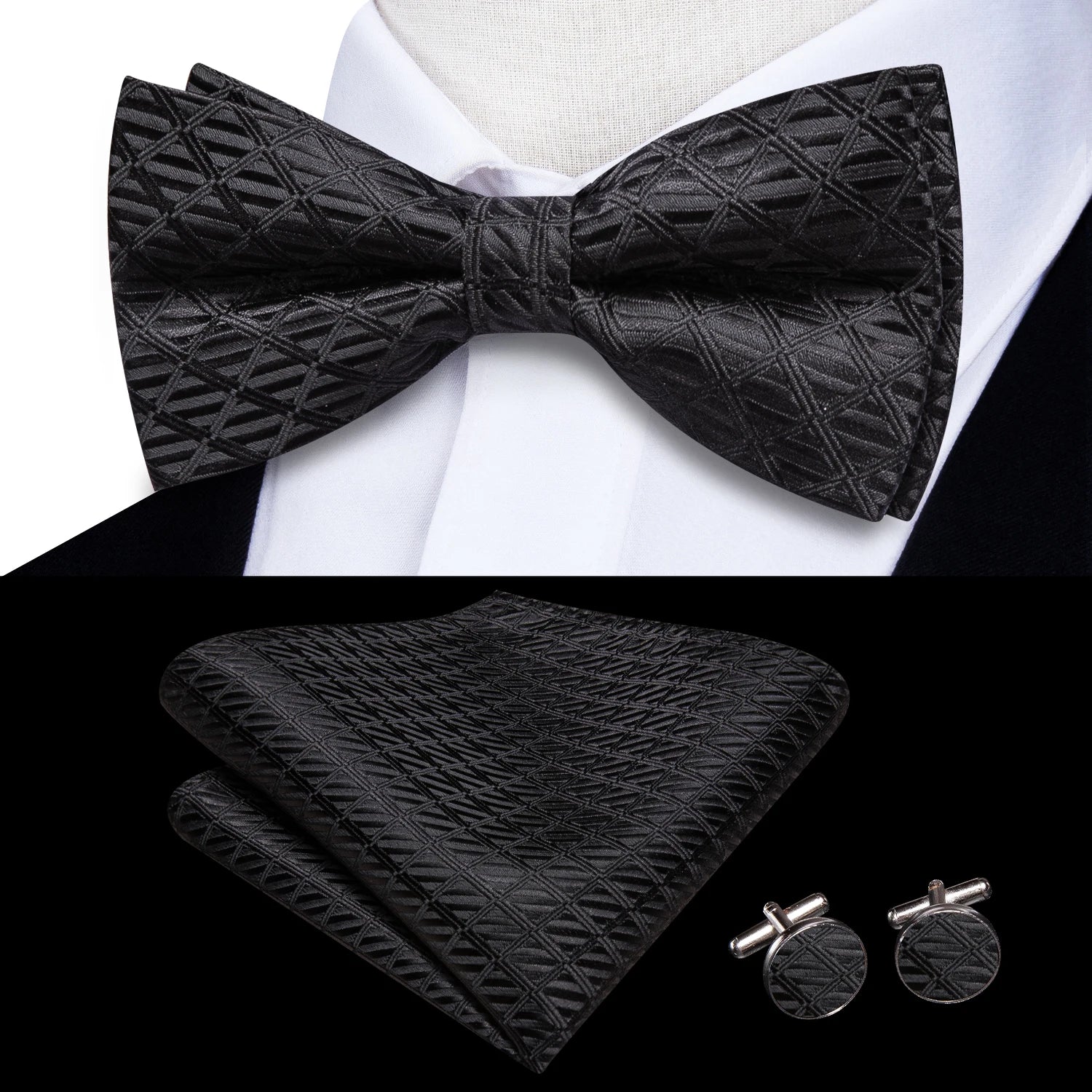 Hi-tie Pea Green Silk Mens Striped Pre-tied Bow Tie Hanky Cufflinks
