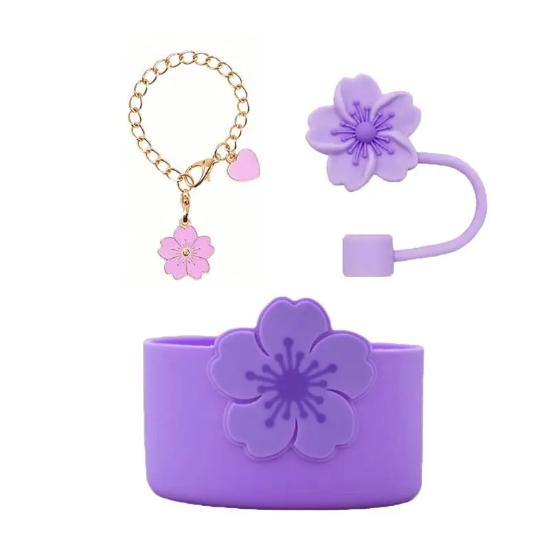 Tumbler Straw Cover Water Bottle Silicone Boot Charm Begonia Shape Qme 3PCS Purple