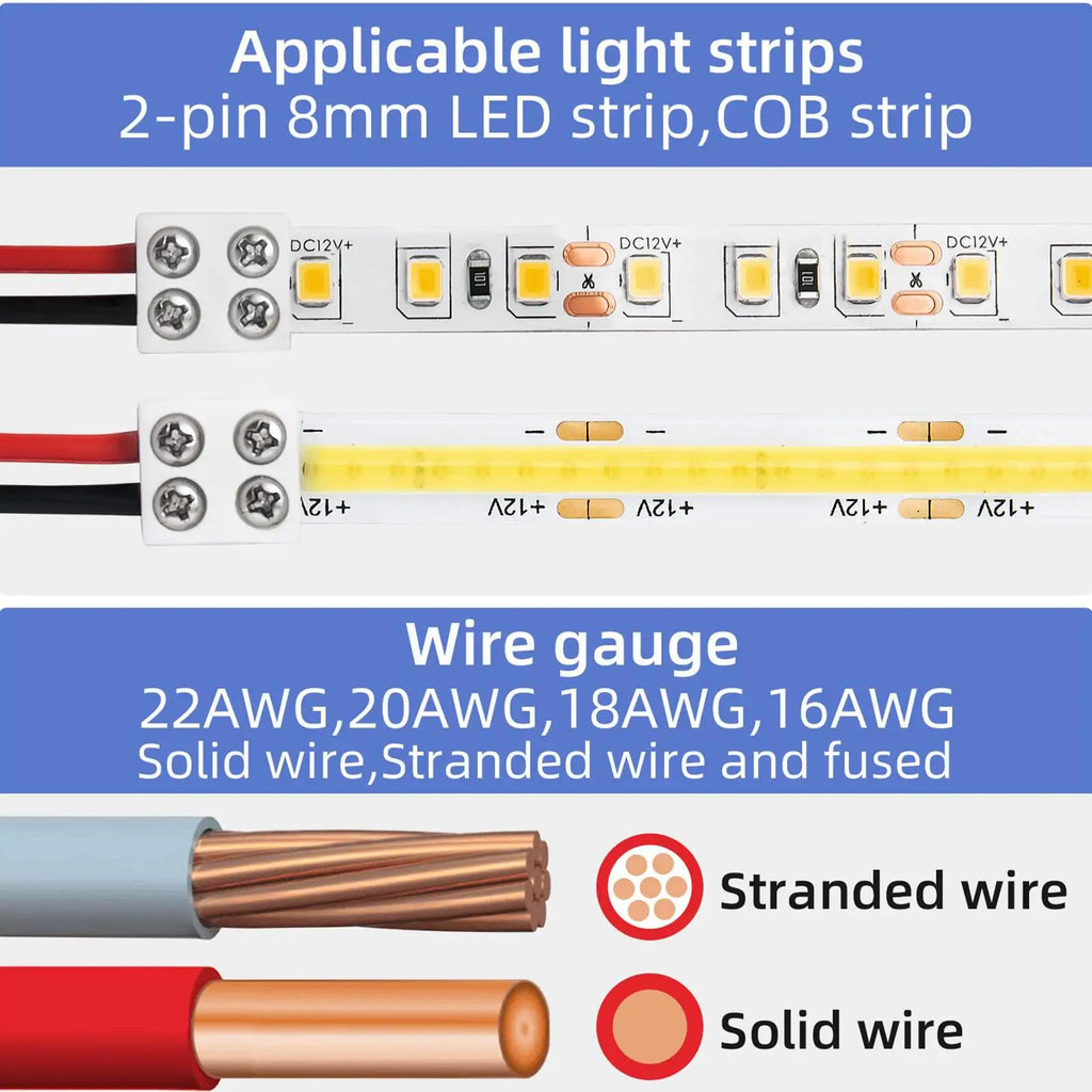LED Strip Connectors 2Pin 5V 12V 24V Versatile Light Solderless Qme