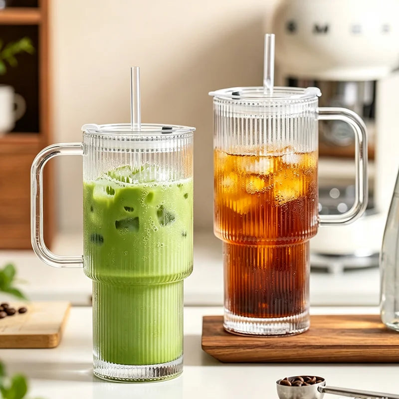 Vertical Striped Glass Cup With Handle Lid Straw Large Clear Tumbler Iced Coffee Tea Juice Cup Summer Portable Drinking Mug Qme