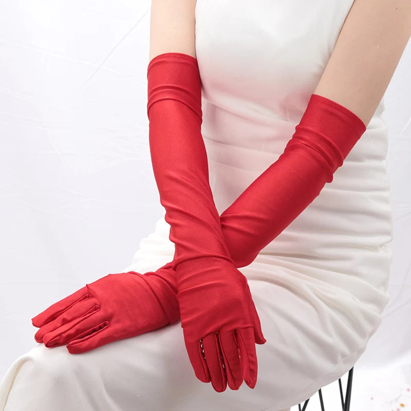 Women Long Finger Elbow Sun Protection Gloves Opera Evening Party Qme Red length 52cm
