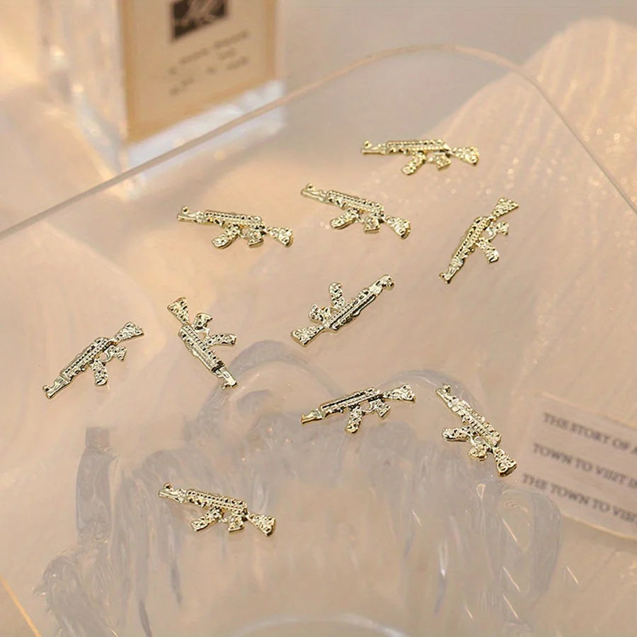 AK47 Nail Art Charms Rhinestones 3D Gun Shape Gem Accessories Jewelry Qme 10pcs-Golden Gun