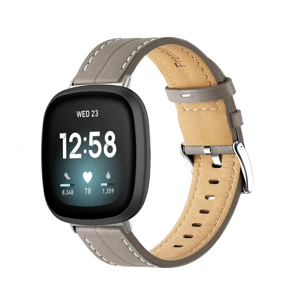Genuine Leather Strap For Fitbit Versa 2 Lite Band Smart Watch Bracelet For Fitbit Versa 3 4 Sense 2 Correa Watchband Pin Buckle Qme Gray For Fibit Sense