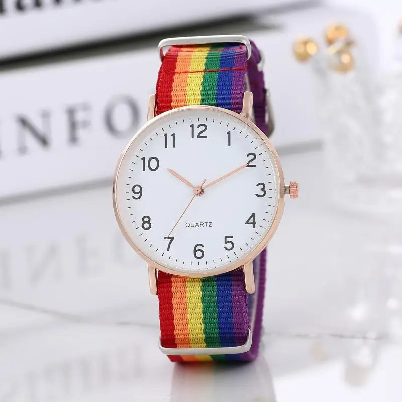 Fashion Gay Hot New Watch Rainbow Color Ultra-thin Canvas Strap 12 Digital Pointer Classic Simple Casual Student Men's Watches Qme