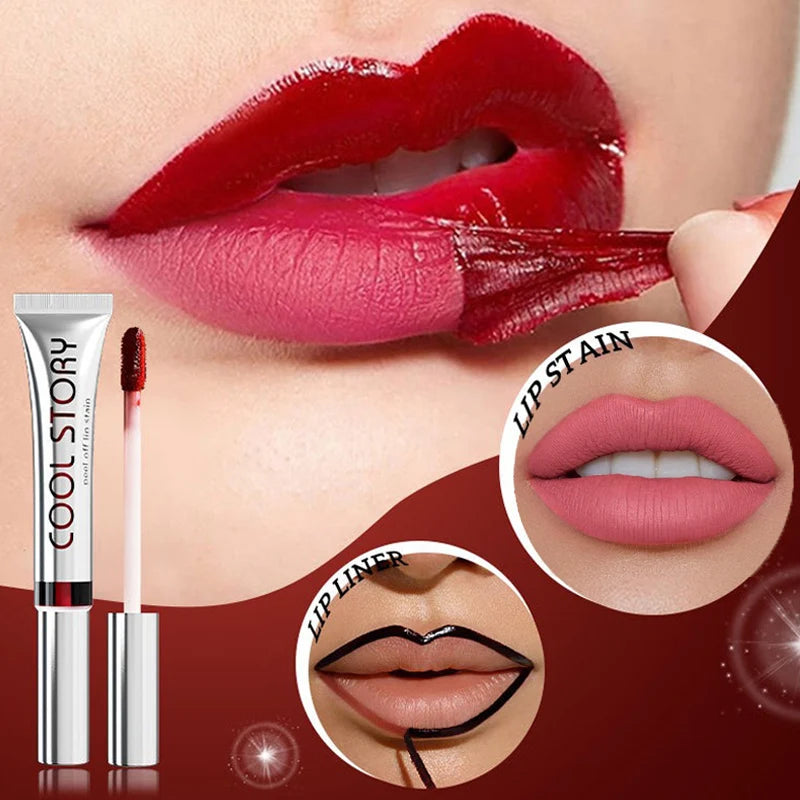 2 in 1 Lip Stain & Lipliner Matte Peel Off Lip Glaze Lipstick Quick Drying Lasting Non Stick Cup Lipliner Red Lip Gloss Makeup Qme