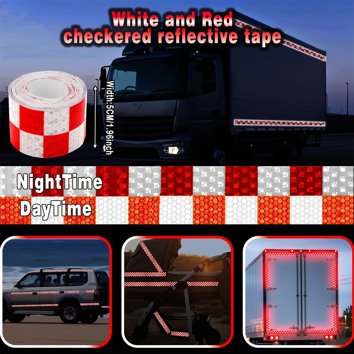  Reflective Sticker Car Safety Warning Tape for Bicycle Scooter Truck - Decorative Warning Marking Tools Qme White and Red 1m 5cm