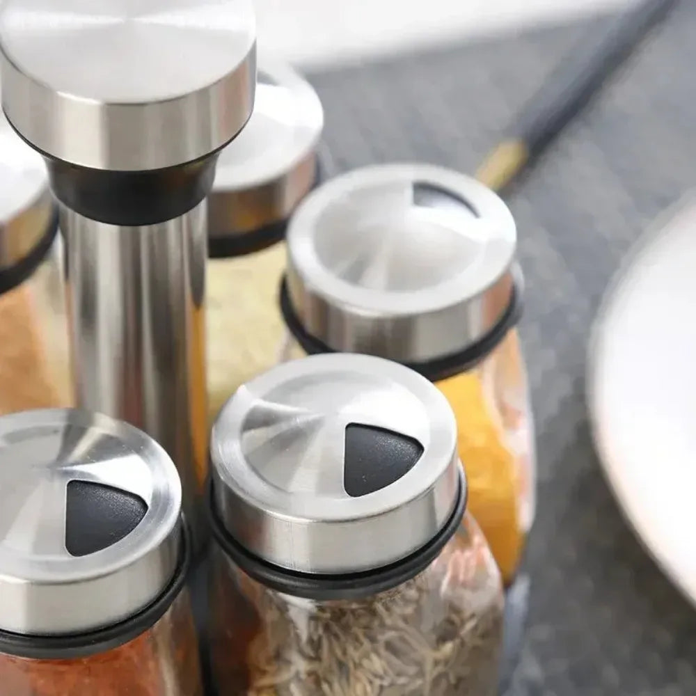 Spice Jar Rack Glass Organizer Rotating Seasoning Sugar Pepper Qme