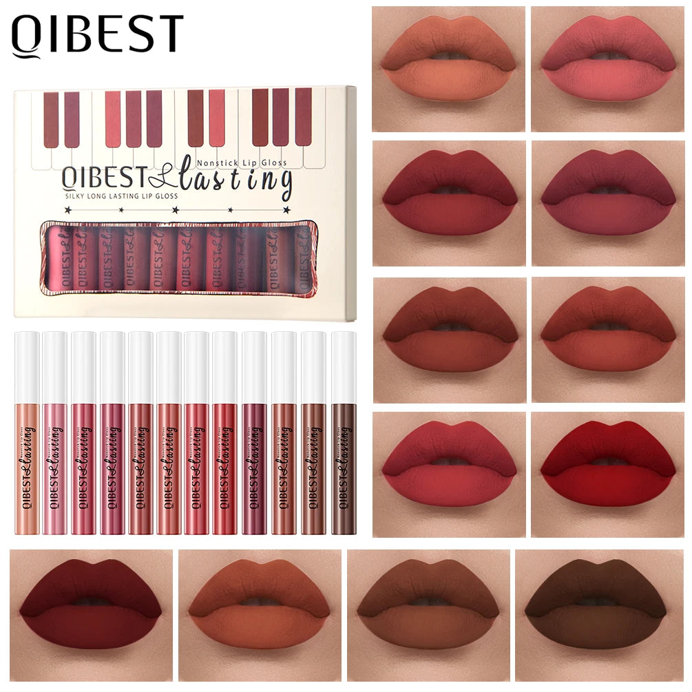 QIBEST 12 Colors Matte Lipgloss Sets Waterproof Liquid Lipstick Makeup Lip Color Long Lasting Sexy Red Pink Nude Lipgloss Makeup Qme 12pc Lipgloss SetC