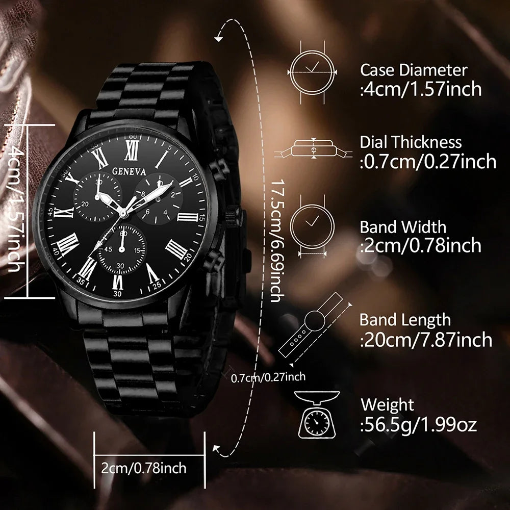 4PCS Black Men's Watch Set Business Trend Fashion Roman Digital Scale Dial Quartz Watch Bracelet Necklace Ring Set Perfect Gift Qme
