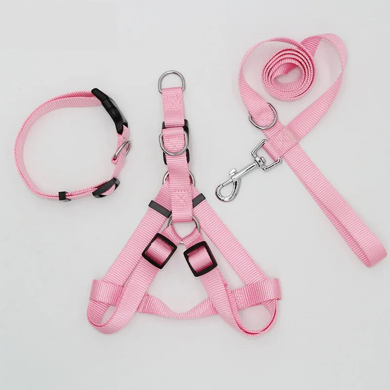 B 2/3Pcs Solid Nylon Dog Harness Collar Leash Set, Adjustable Breathable Traction Kit For Dogs Daily Walking Training Qme