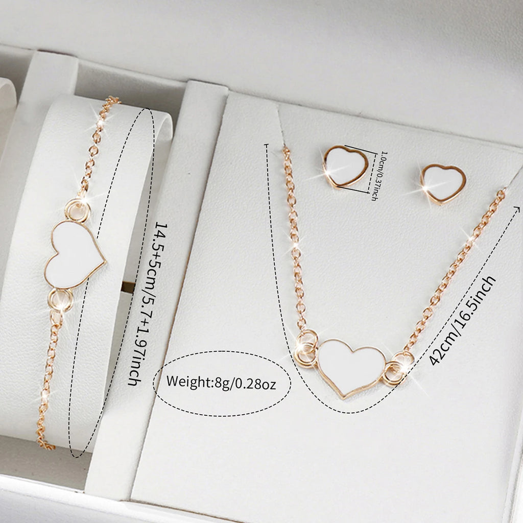 Women's Rose Gold Watch and Jewelry Combo Set, White Dial Watch + White Heart Bracelet + Necklace + Earrings, Perfect Gift Qme