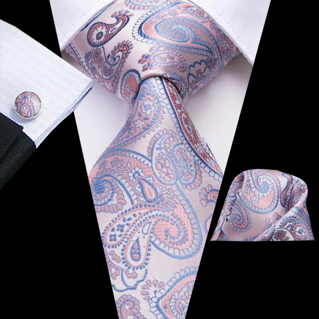 Hi-tie Men Fashion Paisley Sage Green Necktie Handkerchief Cufflinks