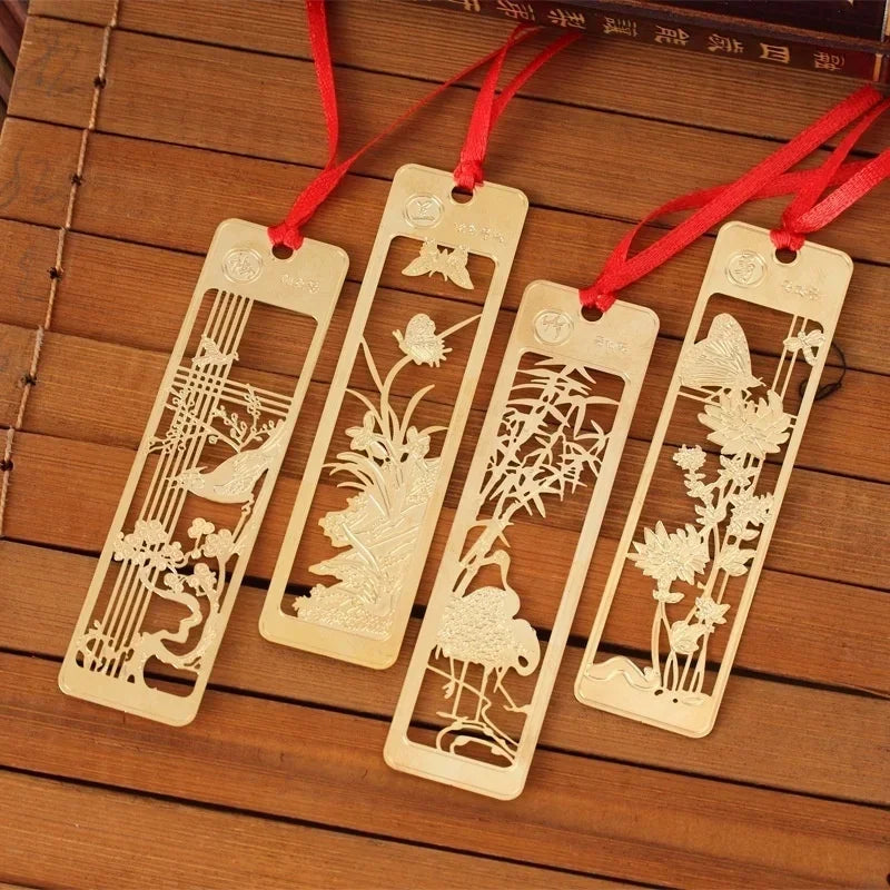 Chinese Style Bookmarks Creative Metal Hollow Out Metal Book Mark Tasse With Red Knot For Kids Students Gifts School Supplies Qme
