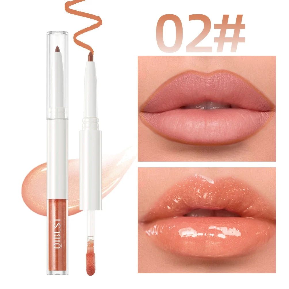 QIBEST Velvet Brown 2 In 1 Lip Liner Pencil Lipgloss Moisturizing Cherry Red Lip Liner Lip Contour Pen Makeup Women Lip Glaze Qme 02