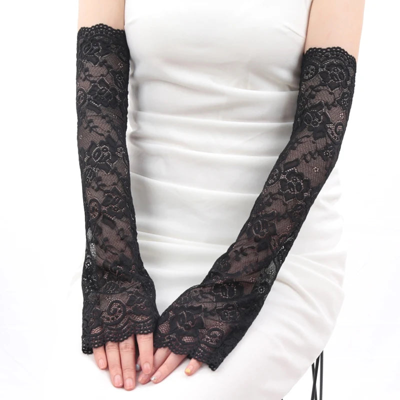 1 Pair Fashion Gloves Lace UV Protection Arm Sleeve Sunscreen Women Qme black