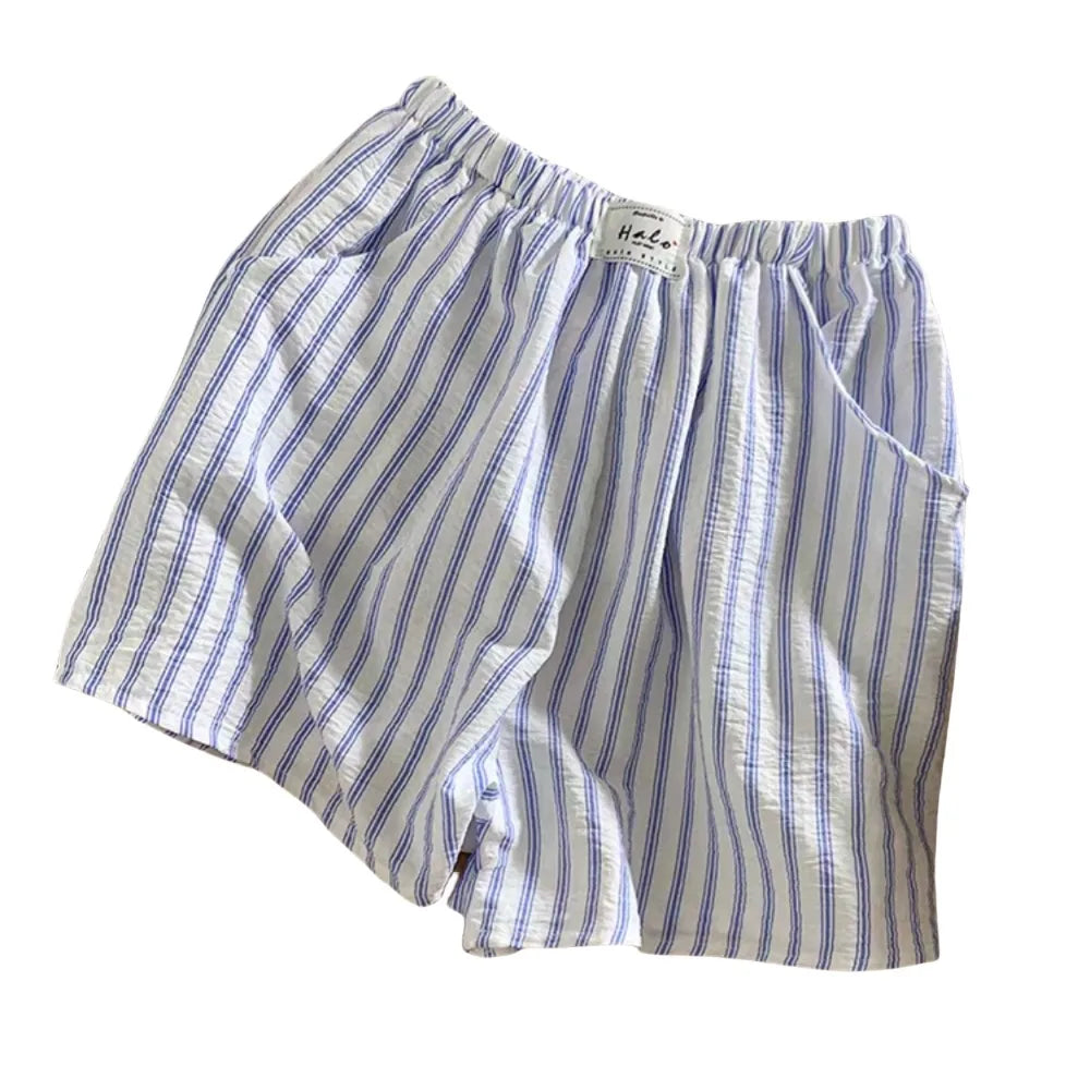 All Match Spring Summer Casual Shorts Women Baggy Chic Stripe Short Pants High Waist Elastic Waistband Thin Loose Shorts Girls Qme Blue-White One Size